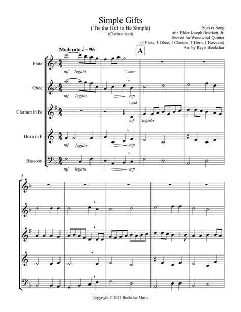 Simple Gifts ('Tis The Gift To Be Simple) (F) (Woodwind Quintet - 1 Flute, 1 Oboe, 1 Clar, 1 Hrn, 1